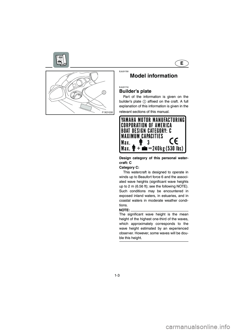 YAMAHA FX CRUISER 2006  Owners Manual 1-3
E
EJU21700 
Model information  
EJU21710 
Builder’s plate 
Part of the information is given on the
builder’s plate 1 affixed on the craft. A full
explanation of this information is given in th