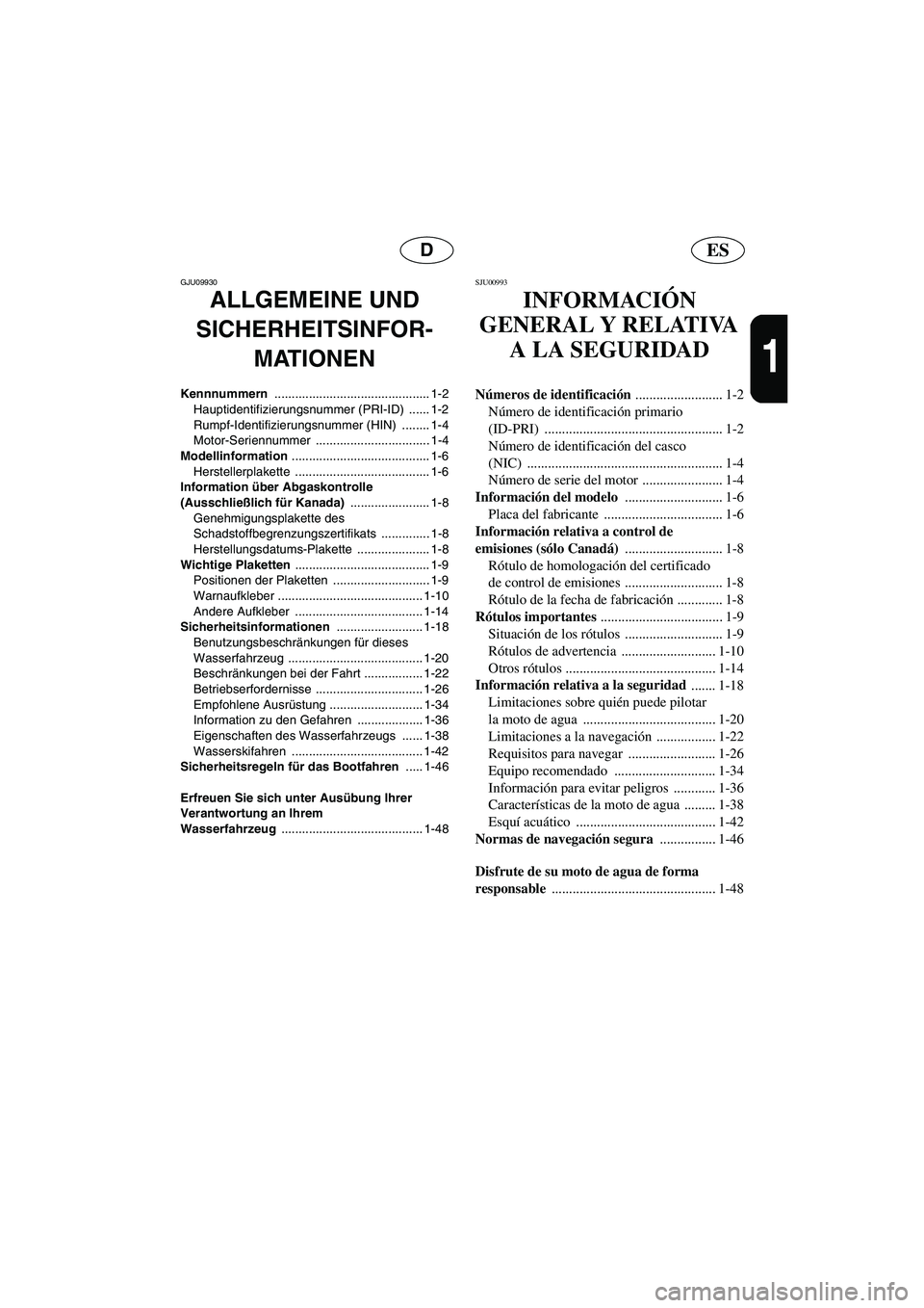 YAMAHA FX 2006  Notices Demploi (in French) ESD
1
GJU09930 
ALLGEMEINE UND 
SICHERHEITSINFOR-
MATIONEN 
Kennnummern ............................................. 1-2
Hauptidentifizierungsnummer (PRI-ID)  ...... 1-2
Rumpf-Identifizierungsnummer 