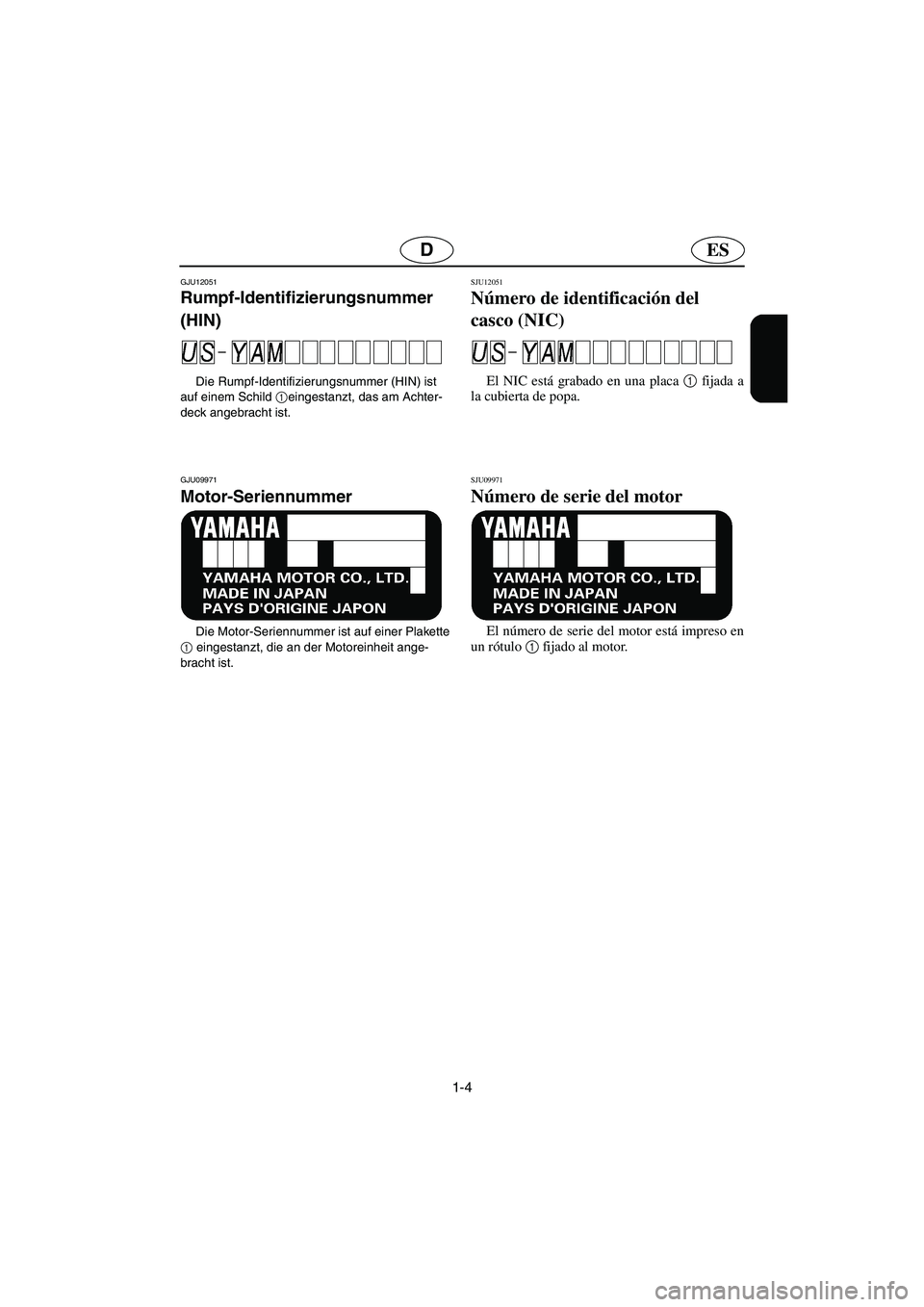 YAMAHA FX CRUISER 2006 Manuale de Empleo (in Spanish) 1-4
ESD
GJU12051
Rumpf-Identifizierungsnummer
(HIN)
Die Rumpf-Identifizierungsnummer (HIN) ist
auf einem Schild 1
eingestanzt, das am Achter-
deck angebracht ist.
GJU09971
Motor-Seriennummer
Die YAMAHA FX CRUISER 2006 Manuale de Empleo (in Spanish) 1-4
ESD
GJU12051
Rumpf-Identifizierungsnummer
(HIN)
Die Rumpf-Identifizierungsnummer (HIN) ist
auf einem Schild 1
eingestanzt, das am Achter-
deck angebracht ist.
GJU09971
Motor-Seriennummer
Die
