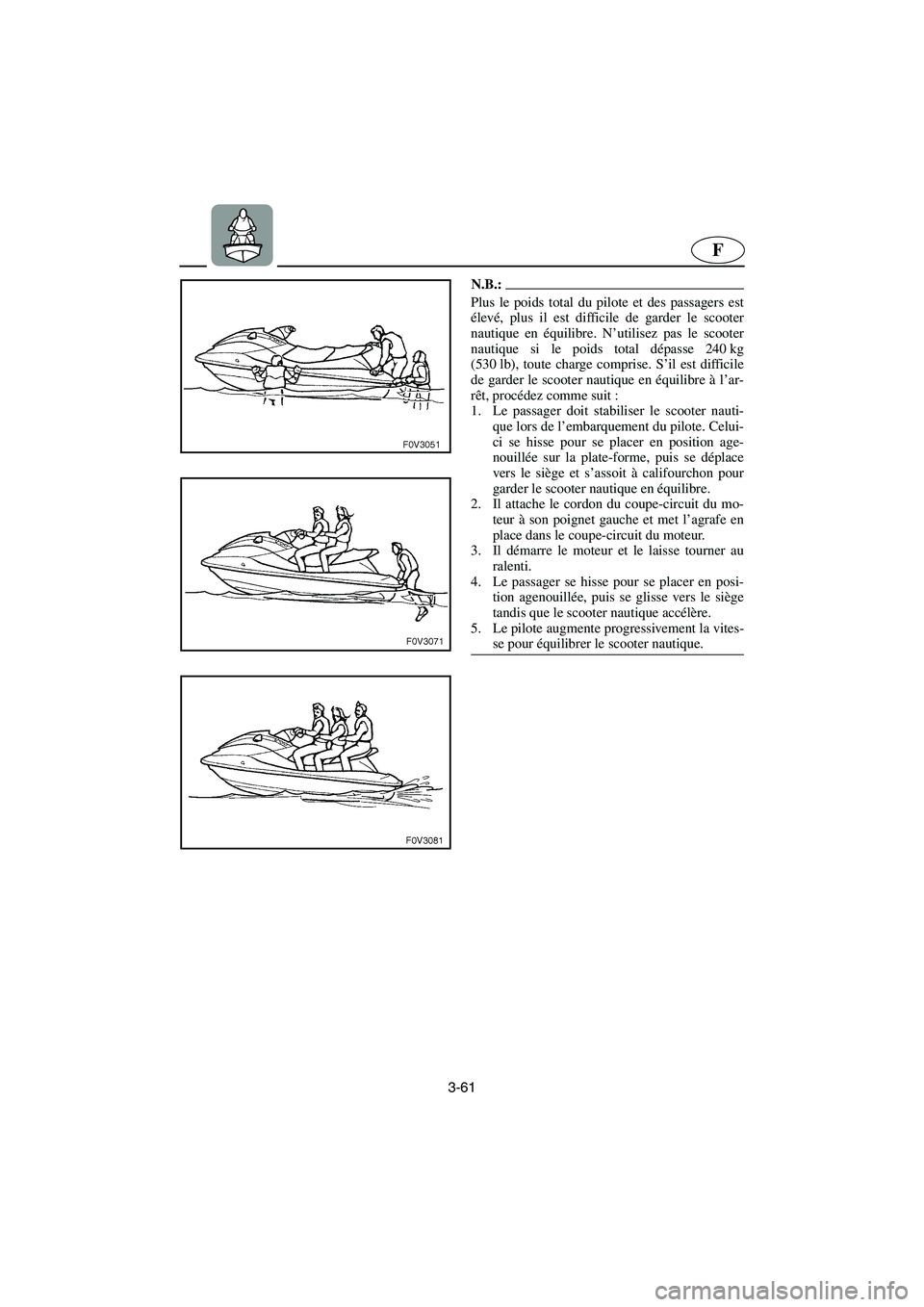 YAMAHA FX CRUISER 2006  Manuale de Empleo (in Spanish) 3-61
F
N.B.:@ Plus le poids total du pilote et des passagers est
élevé, plus il est difficile de garder le scooter
nautique en équilibre. N’utilisez pas le scooter
nautique si le poids total dép