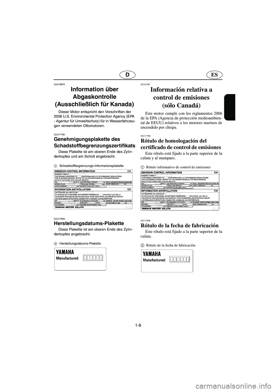 YAMAHA FX 2006 Manuale de Empleo (in Spanish) 1-8
ESD
GJU19870
Information über
Abgaskontrolle
(Ausschließlich für Kanada)
Dieser Motor entspricht den Vorschriften der
2006 U.S. Environmental Protection Agency (EPA
- Agentur für Umweltsc YAMAHA FX 2006 Manuale de Empleo (in Spanish) 1-8
ESD
GJU19870
Information über
Abgaskontrolle
(Ausschließlich für Kanada)
Dieser Motor entspricht den Vorschriften der
2006 U.S. Environmental Protection Agency (EPA
- Agentur für Umweltsc