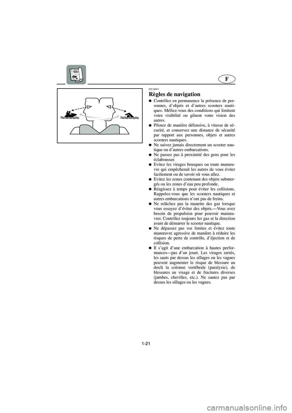 YAMAHA FX CRUISER 2006  Manuale de Empleo (in Spanish) 1-21
F
FJU10011
Règles de navigation 
Contrôlez en permanence la présence de per-
sonnes, d’objets et d’autres scooters nauti-
ques. Méfiez-vous des conditions qui limitent
votre visibilité 