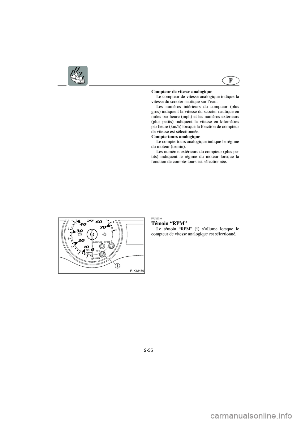 YAMAHA FX CRUISER 2006 Manuale de Empleo (in Spanish) 2-35
F
Compteur de vitesse analogique
Le compteur de vitesse analogique indique la
vitesse du scooter nautique sur l’eau.
Les numéros intérieurs du compteur (plus
gros) indiquent la vitesse du sc YAMAHA FX CRUISER 2006 Manuale de Empleo (in Spanish) 2-35
F
Compteur de vitesse analogique
Le compteur de vitesse analogique indique la
vitesse du scooter nautique sur l’eau.
Les numéros intérieurs du compteur (plus
gros) indiquent la vitesse du sc
