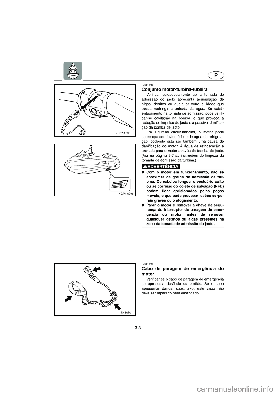 YAMAHA FX CRUISER 2006 ΟΔΗΓΌΣ ΧΡΉΣΗΣ (in Greek) 3-31
P
PJU01058
Conjunto motor-turbina-tubeira
Verificar cuidadosamente se a tomada de
admissão do jacto apresenta acumulação de
algas, detritos ou qualquer outra sujidade que
possa restringir a YAMAHA FX CRUISER 2006 ΟΔΗΓΌΣ ΧΡΉΣΗΣ (in Greek) 3-31
P
PJU01058
Conjunto motor-turbina-tubeira
Verificar cuidadosamente se a tomada de
admissão do jacto apresenta acumulação de
algas, detritos ou qualquer outra sujidade que
possa restringir a