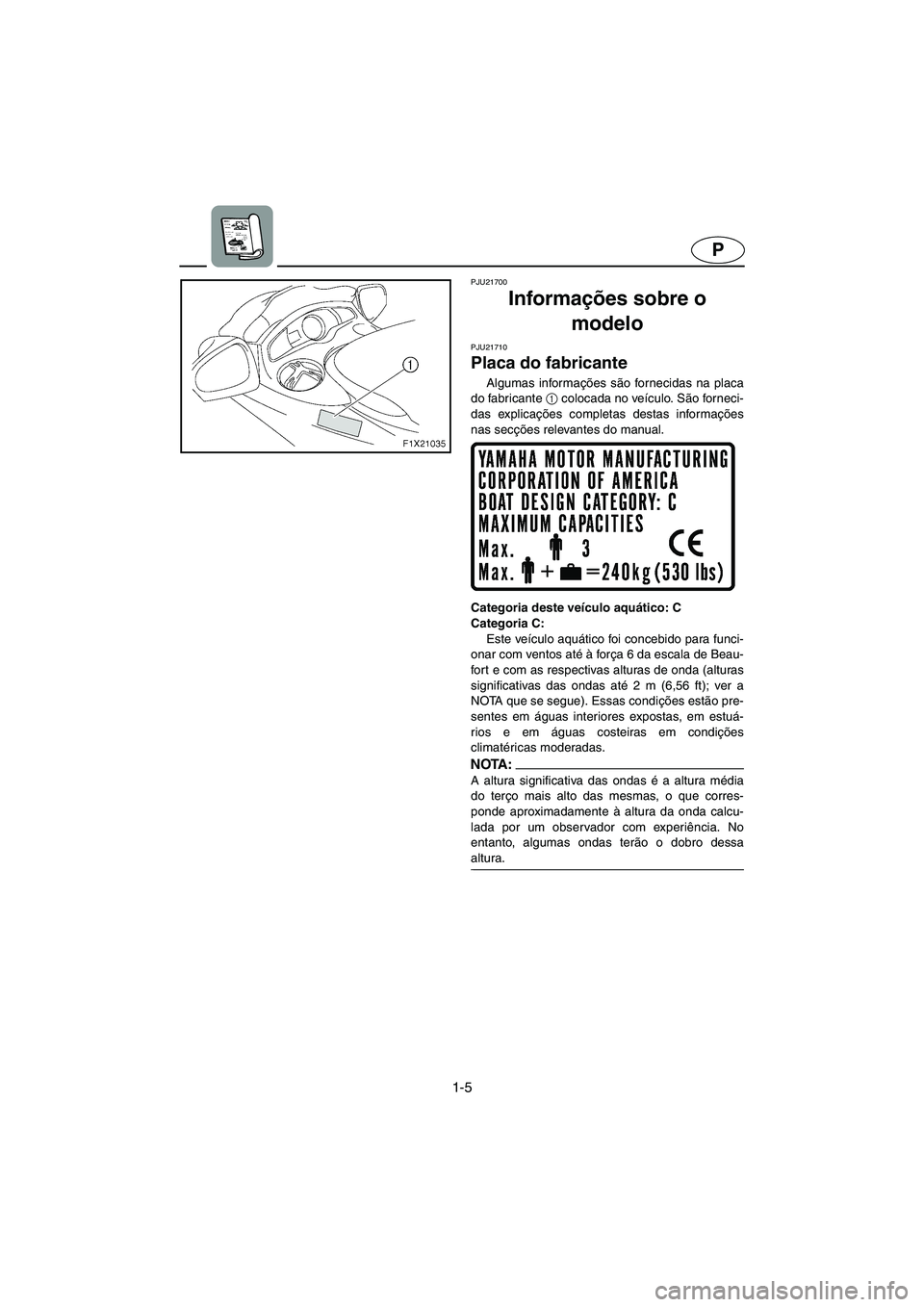 YAMAHA FX CRUISER 2006  Manual de utilização (in Portuguese) 1-5
P
PJU21700
Informações sobre o 
modelo  
PJU21710
Placa do fabricante 
Algumas informações são fornecidas na placa
do fabricante 1
 colocada no veículo. São forneci-
das explicações compl