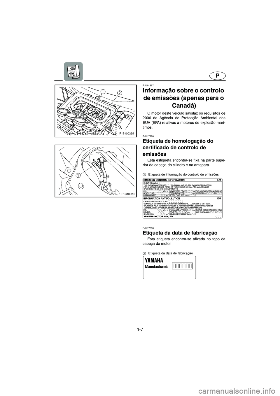 YAMAHA FX CRUISER 2006  Manuale duso (in Italian) 1-7
P
PJU01987
Informação sobre o controlo 
de emissões (apenas para o 
Canadá) 
O motor deste veículo satisfaz os requisitos de
2006 da Agência de Protecção Ambiental dos
EUA (EPA) relativas 