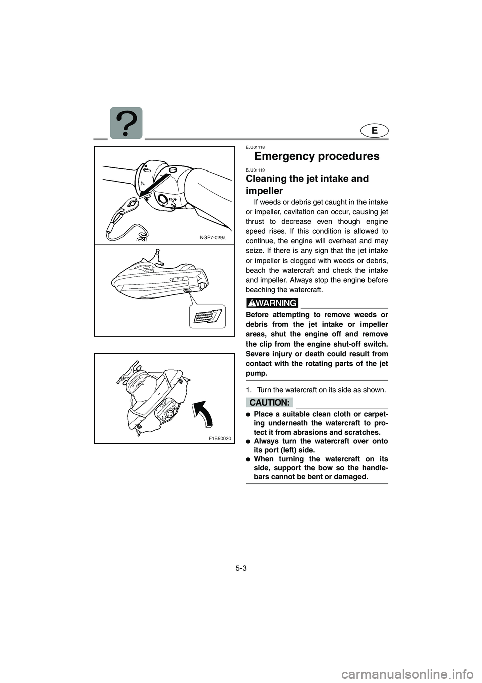 YAMAHA FX 2003  Owners Manual 5-3
E
EJU01118 
Emergency procedures 
EJU01119 
Cleaning the jet intake and 
impeller  
If weeds or debris get caught in the intake
or impeller, cavitation can occur, causing jet
thrust to decrease ev