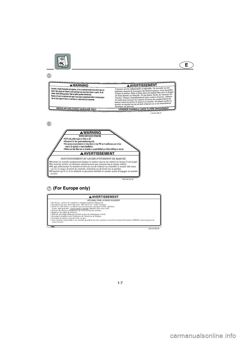 YAMAHA FX 2003 User Guide 1-7
E
7 5
6
(For Europe only)
UF1B71.book  Page 7  Tuesday, November 12, 2002  4:17 PM 