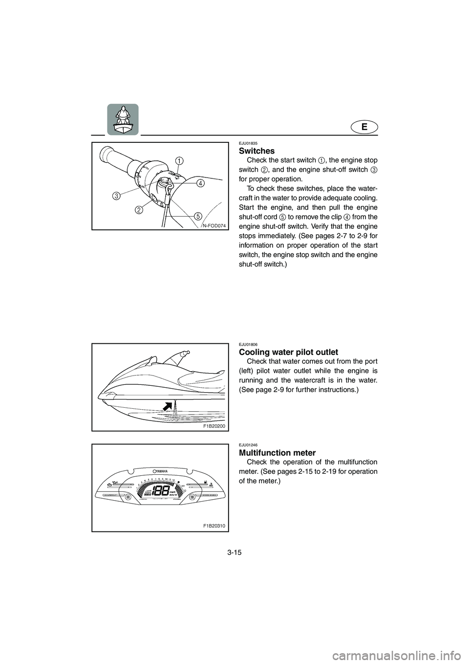 YAMAHA FX 2003  Owners Manual 3-15
E
EJU01835
Switches 
Check the start switch 1, the engine stop
switch 2, and the engine shut-off switch 3
for proper operation. 
To check these switches, place the water-
craft in the water to pr