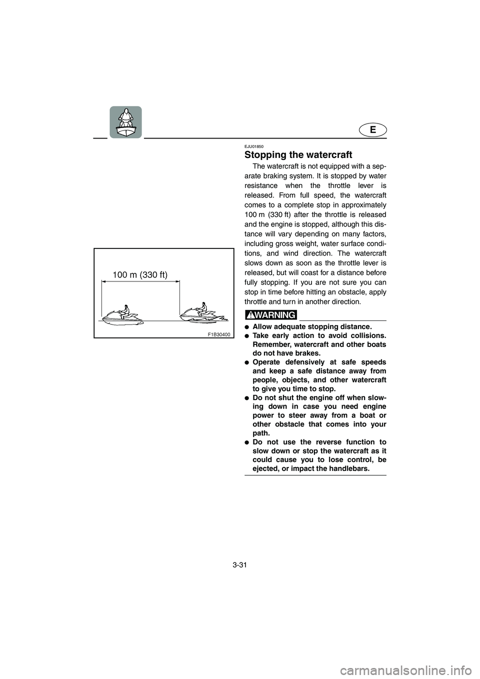 YAMAHA FX 2003  Owners Manual 3-31
E
EJU01850
Stopping the watercraft 
The watercraft is not equipped with a sep-
arate braking system. It is stopped by water
resistance when the throttle lever is
released. From full speed, the wa