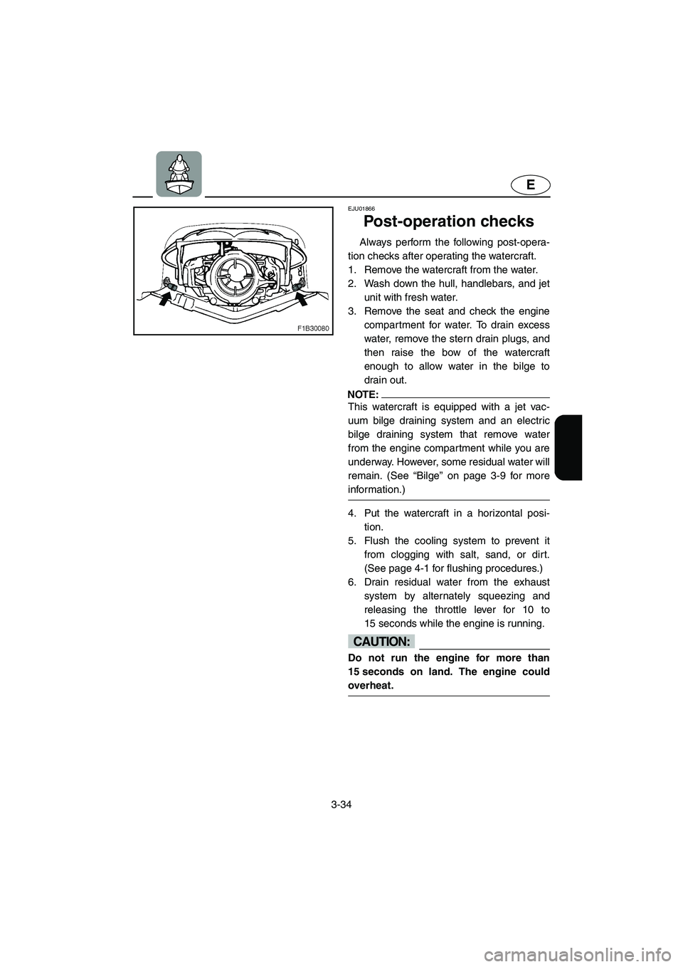 YAMAHA FX 2003  Owners Manual 3-34
E
EJU01866
Post-operation checks 
Always perform the following post-opera-
tion checks after operating the watercraft. 
1. Remove the watercraft from the water. 
2. Wash down the hull, handlebars
