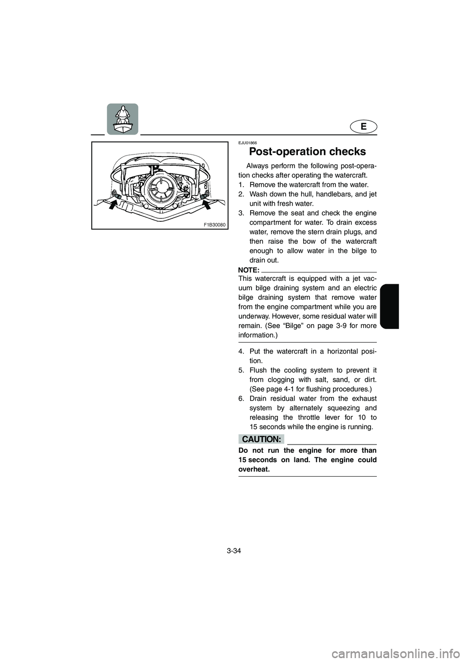 YAMAHA FX 2003 Manual Online 3-34
E
EJU01866
Post-operation checks 
Always perform the following post-opera-
tion checks after operating the watercraft. 
1. Remove the watercraft from the water. 
2. Wash down the hull, handlebars