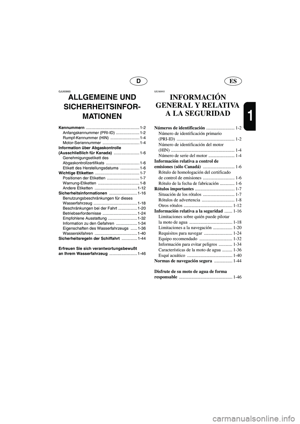 YAMAHA FX 2003  Notices Demploi (in French) ESD
1
GJU00993 
ALLGEMEINE UND 
SICHERHEITSINFOR-
MATIONEN
Kennummern ................................................ 1-2
Anfangskennummer (PRI-ID) ..................... 1-2
Rumpf-Kennummer (HIN)  ..