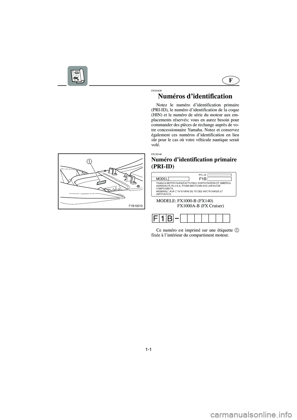 YAMAHA FX 2003  Notices Demploi (in French) 1-1
F
FJU01830 
Numéros d’identification  
Notez le numéro d’identification primaire
(PRI-ID), le numéro d’identification de la coque
(HIN) et le numéro de série du moteur aux em-
placement