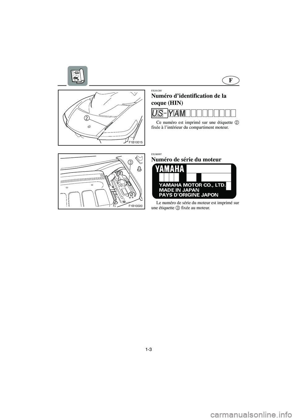 YAMAHA FX 2003  Notices Demploi (in French) 1-3
F
FJU01205 
Numéro d’identification de la 
coque (HIN) 
Ce numéro est imprimé sur une étiquette 2
fixée à l’intérieur du compartiment moteur. 
FJU00997 
Numéro de série du moteur 
Le 