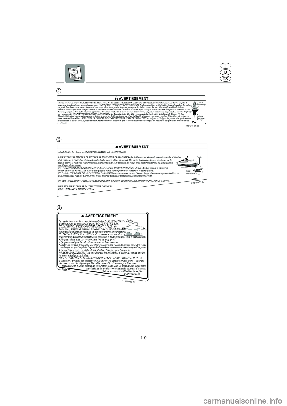 YAMAHA FX 2003  Betriebsanleitungen (in German) 1-9
D
F
ES
2
3
4
UF1B81A0.book  Page 9  Tuesday, November 19, 2002  4:56 PM 