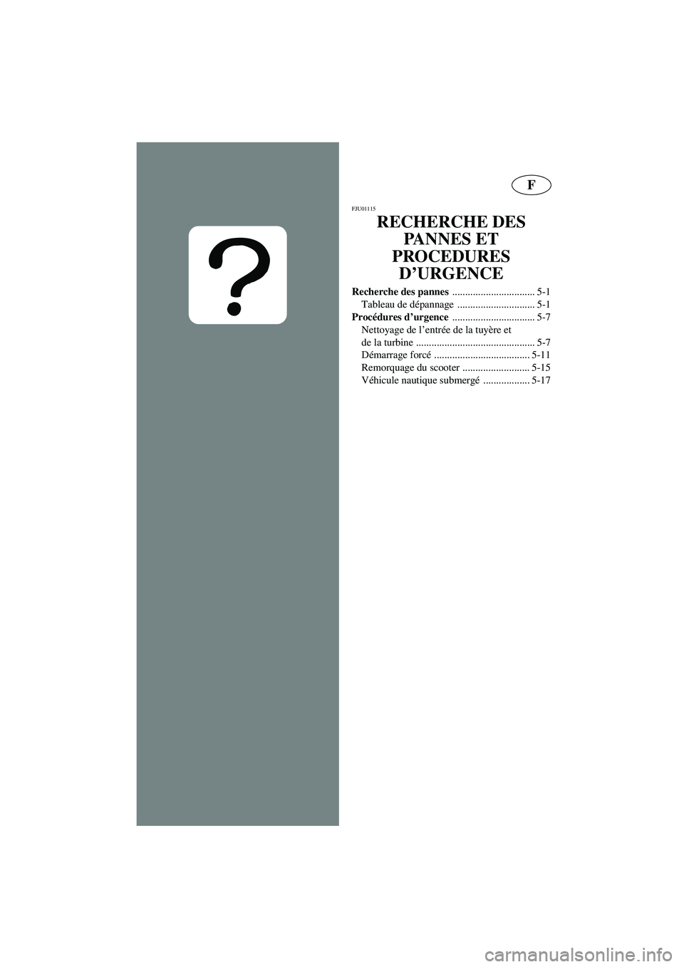 YAMAHA FX 2003  Notices Demploi (in French) F
FJU01115 
RECHERCHE DES 
PANNES ET 
PROCEDURES 
D’URGENCE
Recherche des pannes 
................................ 5-1
Tableau de dépannage .............................. 5-1
Procédures d’urgenc