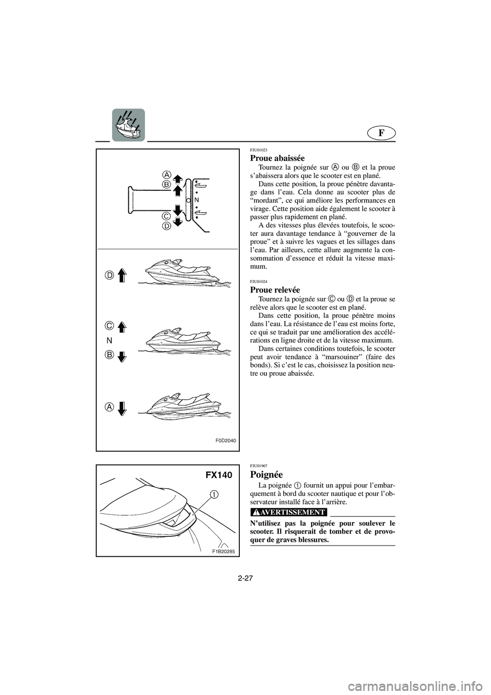 YAMAHA FX 2003  Manuale de Empleo (in Spanish) 2-27
F
FJU01023 
Proue abaissée  
Tournez la poignée sur A
 ou B
 et la proue
s’abaissera alors que le scooter est en plané. 
Dans cette position, la proue pénètre davanta-
ge dans l’eau. Cel