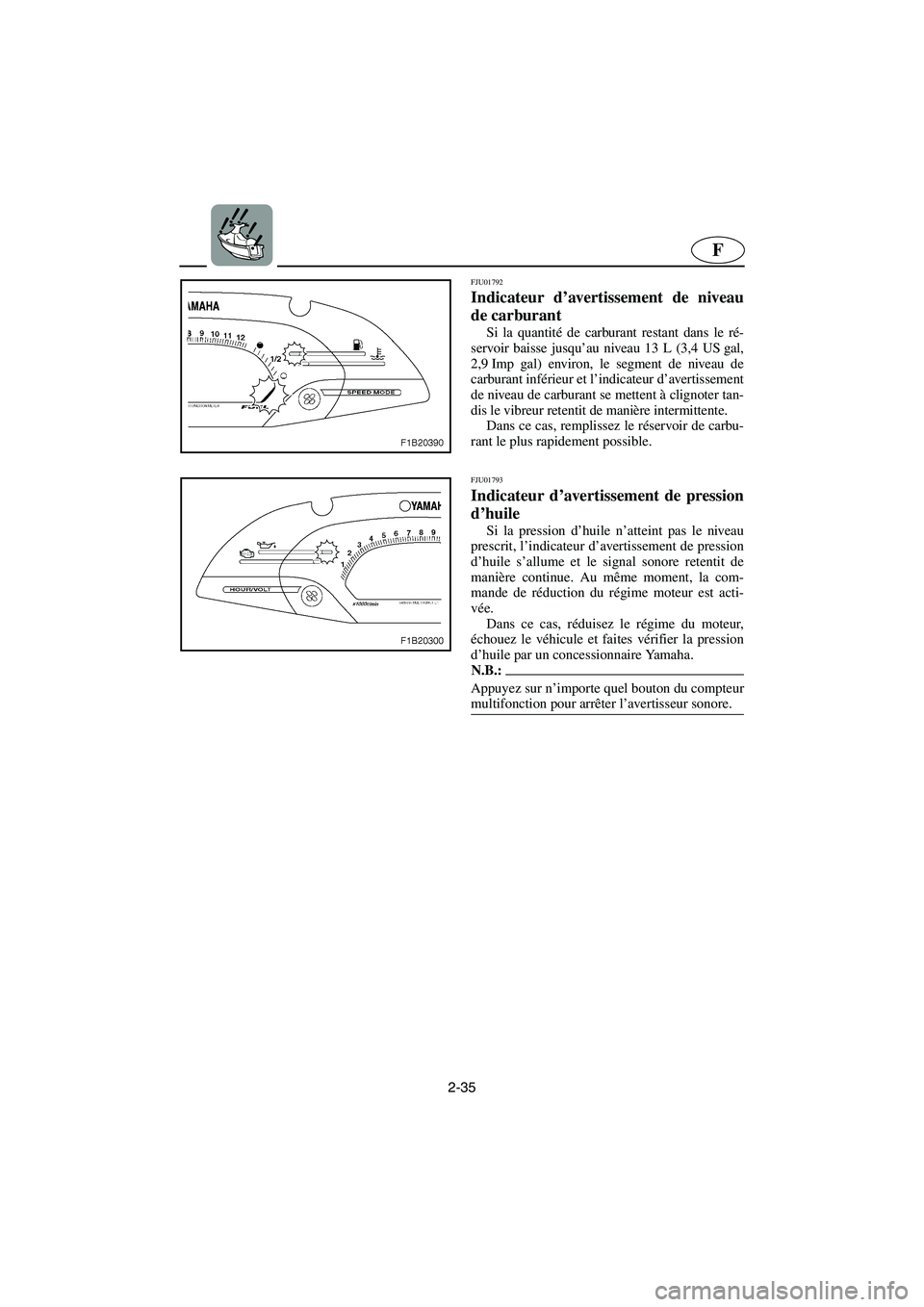 YAMAHA FX 2003  Betriebsanleitungen (in German) 2-35
F
FJU01792 
Indicateur d’avertissement de niveau
de carburant 
Si la quantité de carburant restant dans le ré-
servoir baisse jusqu’au niveau 13 L (3,4 US gal,
2,9 Imp gal) environ, le segm