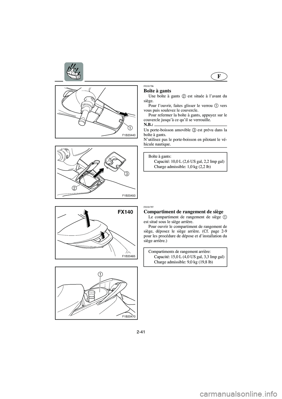 YAMAHA FX 2003  Betriebsanleitungen (in German) 2-41
F
FJU01796 
Boîte à gants  
Une boîte à gants 2
 est située à l’avant du
siège. 
Pour l’ouvrir, faites glisser le verrou 1
 vers
vous puis soulevez le couvercle. 
Pour refermer la boî