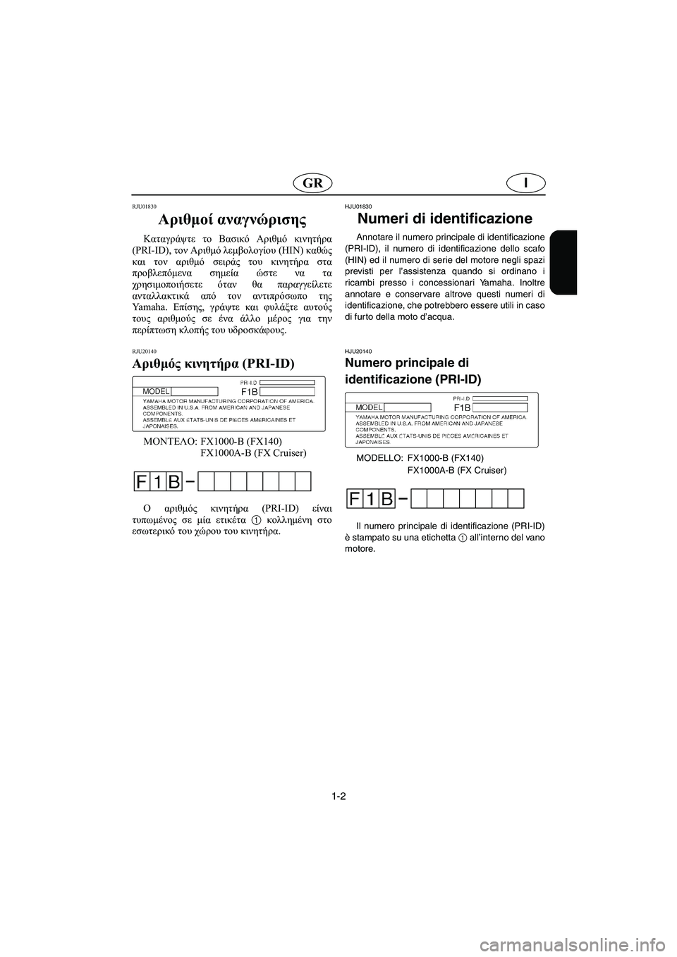 YAMAHA FX 2003 Manual de utilização (in Portuguese) 1-2
IGR
RJU01830
Αριθμοί αναγνώρισης
Καταγράψτε το Βασικό Αριθμό κινητήρα
(PRI-ID), τον Αριθμό λεμβολογίου (HIN) καθώς
κ YAMAHA FX 2003 Manual de utilização (in Portuguese) 1-2
IGR
RJU01830
Αριθμοί αναγνώρισης
Καταγράψτε το Βασικό Αριθμό κινητήρα
(PRI-ID), τον Αριθμό λεμβολογίου (HIN) καθώς
κ