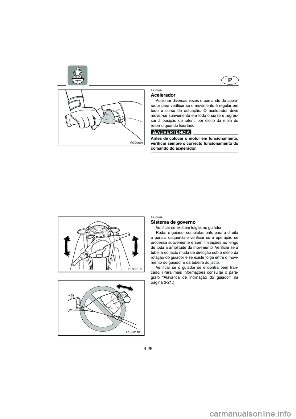 YAMAHA FX 2003  ΟΔΗΓΌΣ ΧΡΉΣΗΣ (in Greek) 3-25
P
PJU01834 
Acelerador  
Accionar diversas vezes o comando do acele-
rador para verificar se o movimento é regular em
todo o curso de actuação. O acelerador deve
mover-se suavemente em todo o 