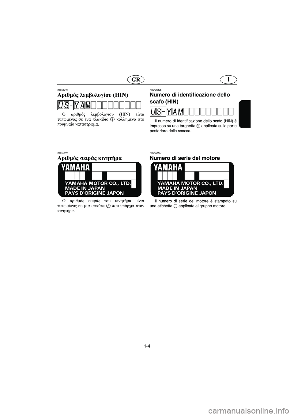 YAMAHA FX 2003 Manual de utilização (in Portuguese) 1-4
IGR
RJU01205
Αριθμός λεμβολογίου (HIN)
Ο αριθμός λεμβολογίου (HIN) είναι
τυπωμένος σε ένα πλακίδιο 2 κολλημένο στο
π YAMAHA FX 2003 Manual de utilização (in Portuguese) 1-4
IGR
RJU01205
Αριθμός λεμβολογίου (HIN)
Ο αριθμός λεμβολογίου (HIN) είναι
τυπωμένος σε ένα πλακίδιο 2 κολλημένο στο
π