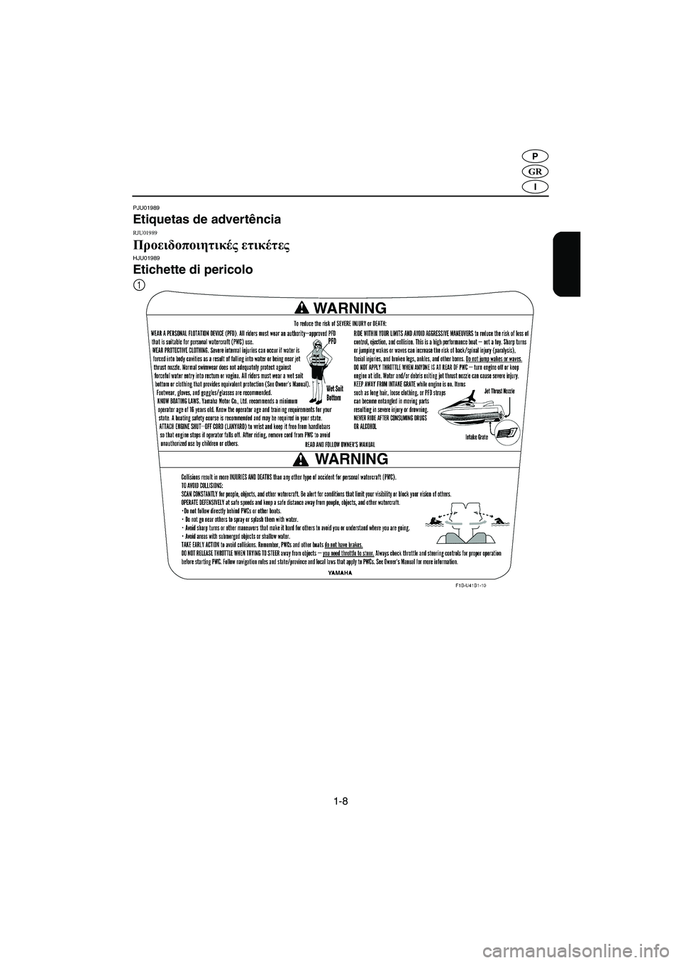 YAMAHA FX 2003 Manual de utilização (in Portuguese) 1-8
GR
P
I
PJU01989
Etiquetas de advertência
RJU01989
Προειδοποιητικές ετικέτες HJU01989
Etichette di pericolo
1
UF1B81B0.book Page 8 Tuesday, November 19, 2002 5:25 PM YAMAHA FX 2003 Manual de utilização (in Portuguese) 1-8
GR
P
I
PJU01989
Etiquetas de advertência
RJU01989
Προειδοποιητικές ετικέτες HJU01989
Etichette di pericolo
1
UF1B81B0.book Page 8 Tuesday, November 19, 2002 5:25 PM