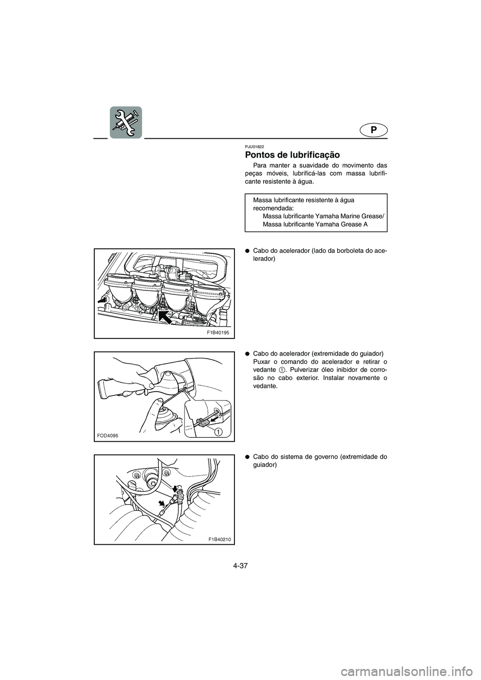 YAMAHA FX 2003 ΟΔΗΓΌΣ ΧΡΉΣΗΣ (in Greek) 4-37
P
PJU01822
Pontos de lubrificação
Para manter a suavidade do movimento das
peças móveis, lubrificá-las com massa lubrifi-
cante resistente à água.
Massa lubrificante resistente à água YAMAHA FX 2003 ΟΔΗΓΌΣ ΧΡΉΣΗΣ (in Greek) 4-37
P
PJU01822
Pontos de lubrificação
Para manter a suavidade do movimento das
peças móveis, lubrificá-las com massa lubrifi-
cante resistente à água.
Massa lubrificante resistente à água