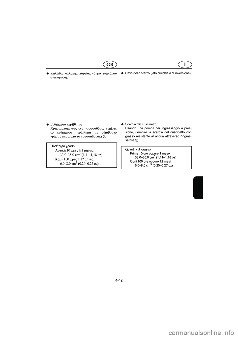 YAMAHA FX 2003  Manual de utilização (in Portuguese) 4-42
IGR
Καλώδιο αλλαγής πορείας (άκρο τυμπάνου
αναστροφής) 
Ενδιάμεσο περίβλημα 
Χρησιμοποιώντας ένα γρασσαδό