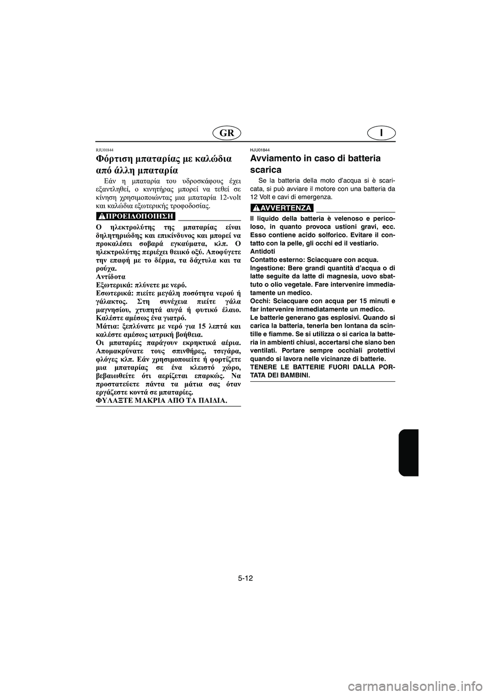 YAMAHA FX 2003 Manual de utilização (in Portuguese) 5-12
IGR
RJU01844
Φόρτιση μπαταρίας με καλώδια
από άλλη μπαταρία
Εάν η μπαταρία του υδροσκάφους έχει
εξαντληθεί, ο YAMAHA FX 2003 Manual de utilização (in Portuguese) 5-12
IGR
RJU01844
Φόρτιση μπαταρίας με καλώδια
από άλλη μπαταρία
Εάν η μπαταρία του υδροσκάφους έχει
εξαντληθεί, ο