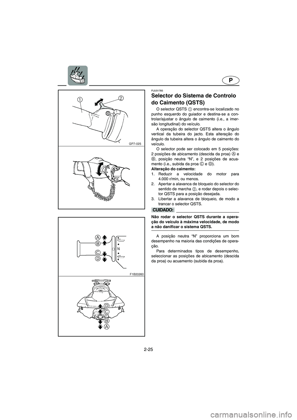 YAMAHA FX 2003 ΟΔΗΓΌΣ ΧΡΉΣΗΣ (in Greek) 2-25
P
PJU01785
Selector do Sistema de Controlo
do Caimento (QSTS)
O selector QSTS 1
encontra-se localizado no
punho esquerdo do guiador e destina-se a con-
trolar/ajustar o ângulo de caimento ( YAMAHA FX 2003 ΟΔΗΓΌΣ ΧΡΉΣΗΣ (in Greek) 2-25
P
PJU01785
Selector do Sistema de Controlo
do Caimento (QSTS)
O selector QSTS 1
encontra-se localizado no
punho esquerdo do guiador e destina-se a con-
trolar/ajustar o ângulo de caimento (