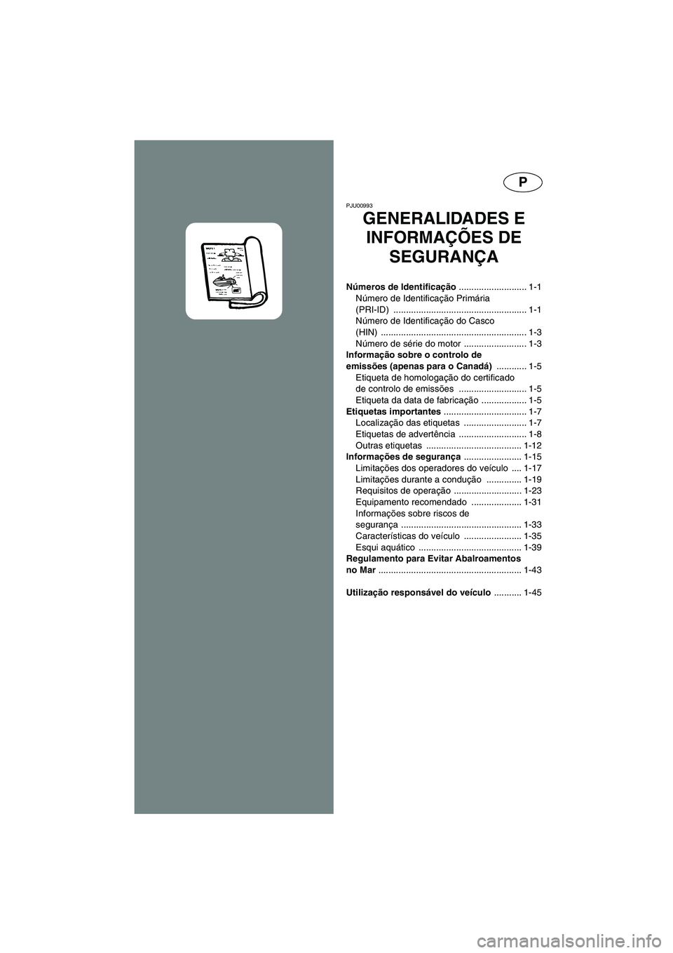 YAMAHA FX 2003  ΟΔΗΓΌΣ ΧΡΉΣΗΣ (in Greek) P
PJU00993
GENERALIDADES E 
INFORMAÇÕES DE 
SEGURANÇA 
Números de Identificação ........................... 1-1
Número de Identificação Primária 
(PRI-ID) ...................................