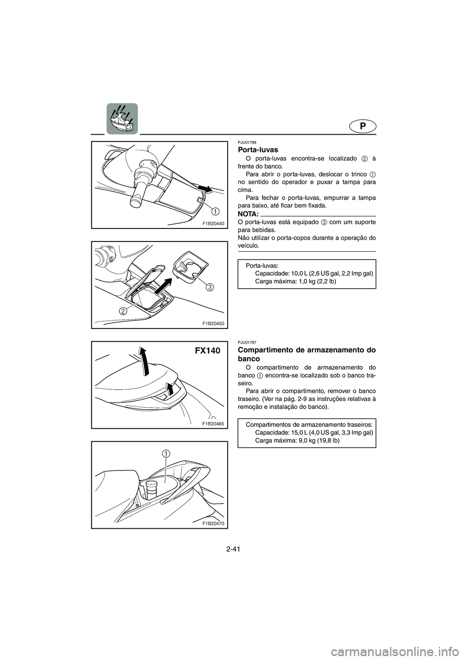 YAMAHA FX 2003  ΟΔΗΓΌΣ ΧΡΉΣΗΣ (in Greek) 2-41
P
PJU01796 
Porta-luvas  
O porta-luvas encontra-se localizado 2
 à
frente do banco. 
Para abrir o porta-luvas, deslocar o trinco 1
no sentido do operador e puxar a tampa para
cima. 
Para fechar