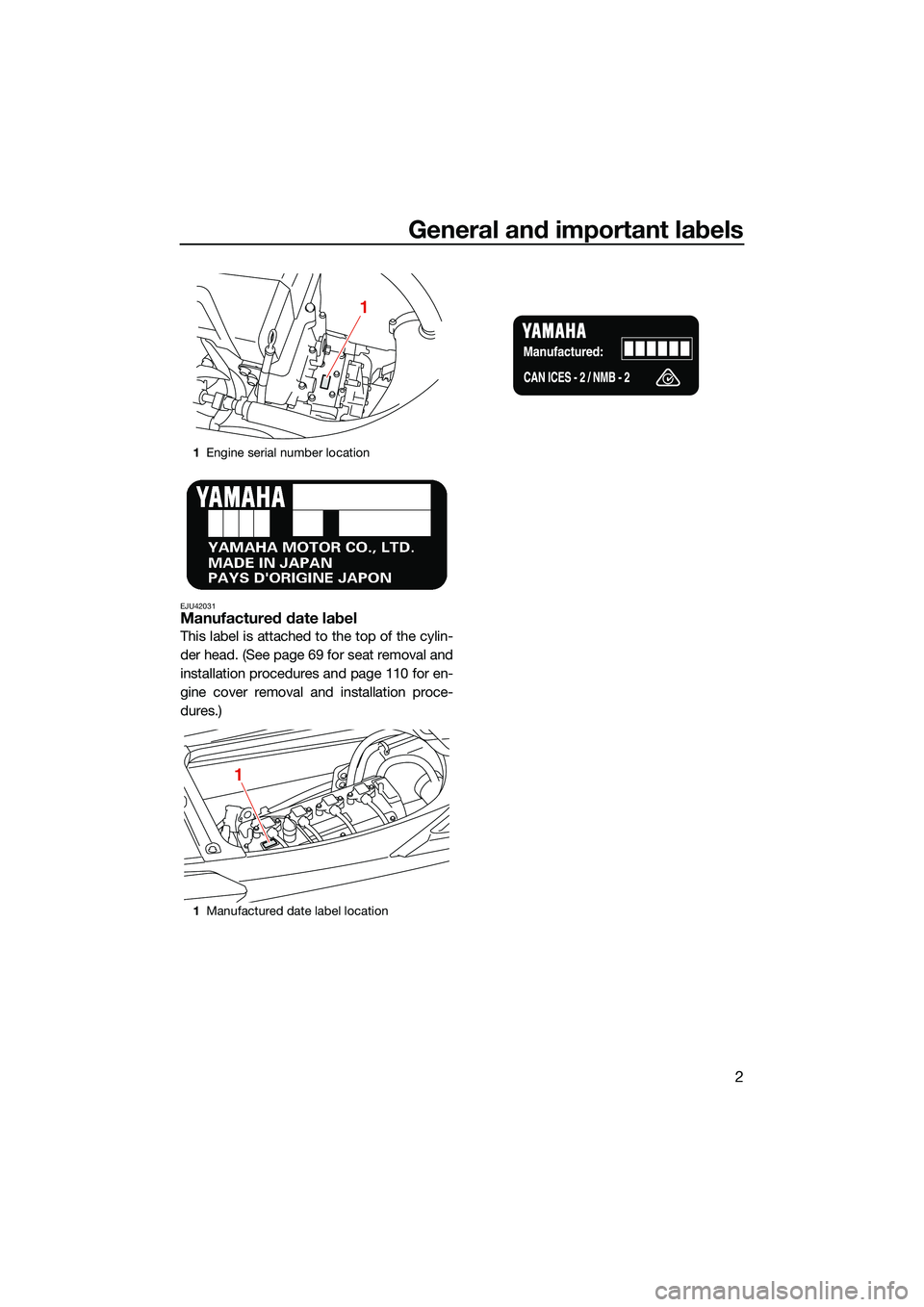 YAMAHA FX HO CRUISER 2022 User Guide General and important labels
2
EJU42031Manufactured date label
This label is attached to the top of the cylin-
der head. (See page 69 for seat removal and
installation procedures and page 110 for en-
