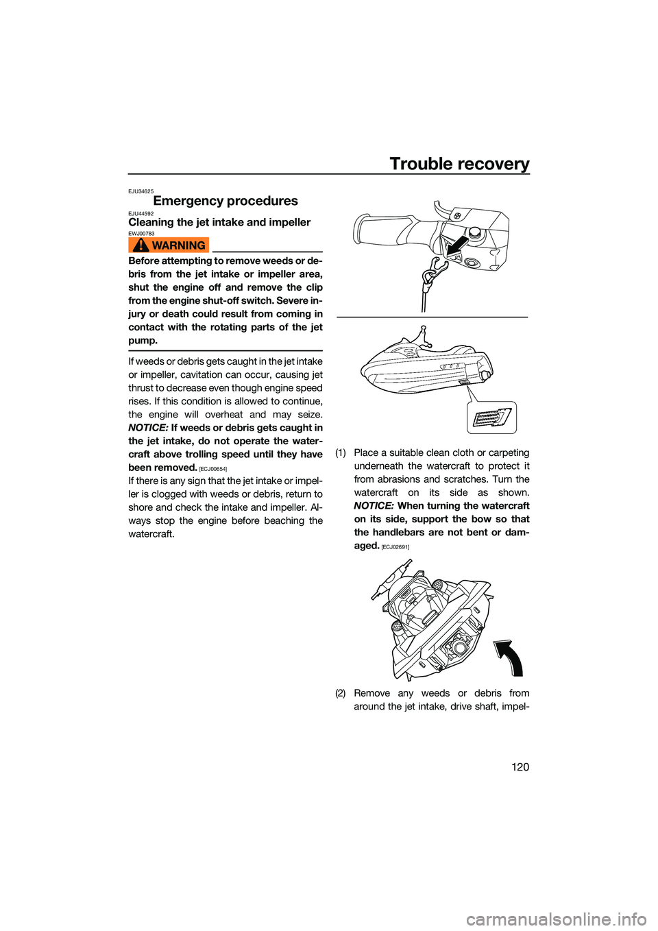 YAMAHA FX HO CRUISER 2022 Owners Manual Trouble recovery
120
EJU34625
Emergency proceduresEJU44592Cleaning the jet intake and impellerEWJ00783
Before attempting to remove weeds or de-
bris from the jet intake or impeller area,
shut the engi YAMAHA FX HO CRUISER 2022 Owners Manual Trouble recovery
120
EJU34625
Emergency proceduresEJU44592Cleaning the jet intake and impellerEWJ00783
Before attempting to remove weeds or de-
bris from the jet intake or impeller area,
shut the engi