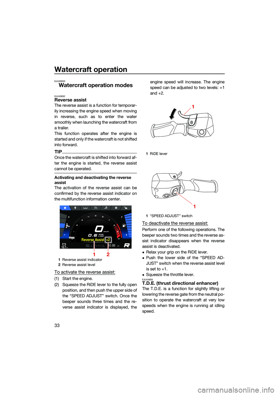 YAMAHA FX HO CRUISER 2022 Service Manual Watercraft operation
33
EJU40003
Watercraft operation modes
EJU45892Reverse assist
The reverse assist is a function for temporar-
ily increasing the engine speed when moving
in reverse, such as to ent