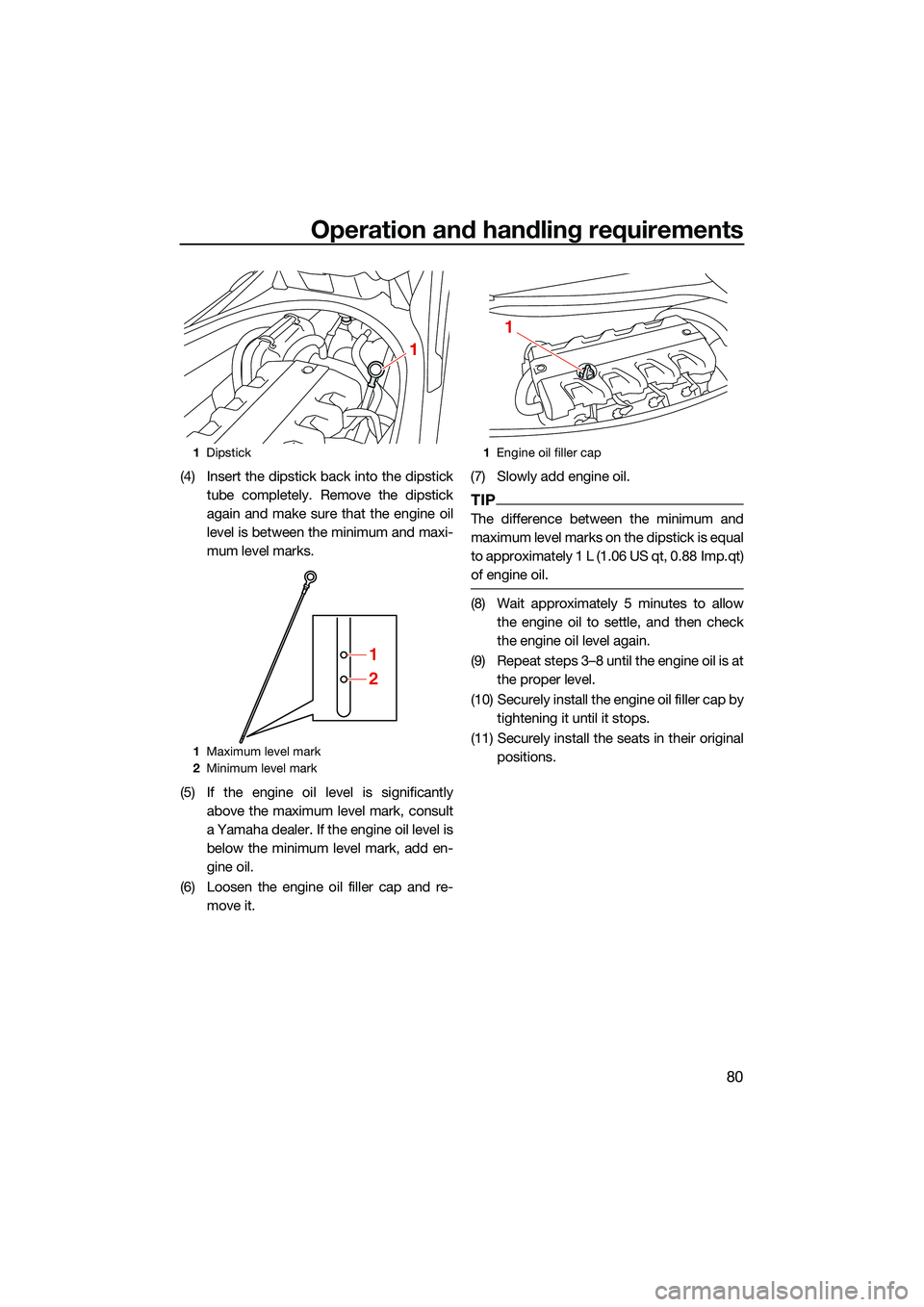 YAMAHA FX HO CRUISER 2022  Owners Manual Operation and handling requirements
80
(4) Insert the dipstick back into the dipsticktube completely. Remove the dipstick
again and make sure that the engine oil
level is between the minimum and maxi-