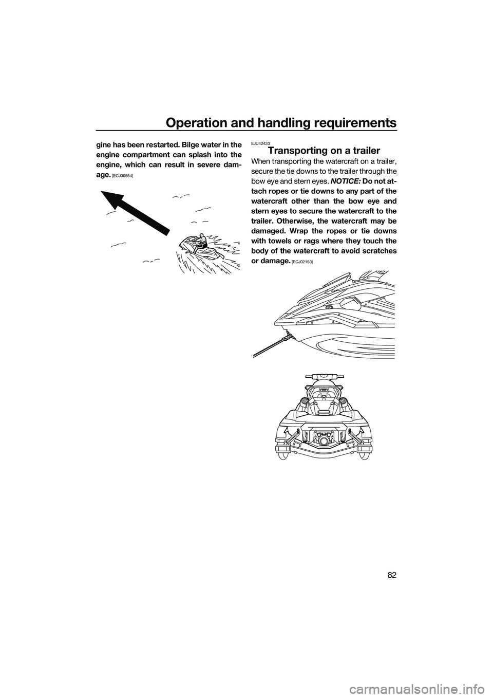 YAMAHA FX HO CRUISER 2022  Owners Manual Operation and handling requirements
82
gine has been restarted. Bilge water in the
engine compartment can splash into the
engine, which can result in severe dam-
age.
 [ECJ00554]EJU42433
Transporting 