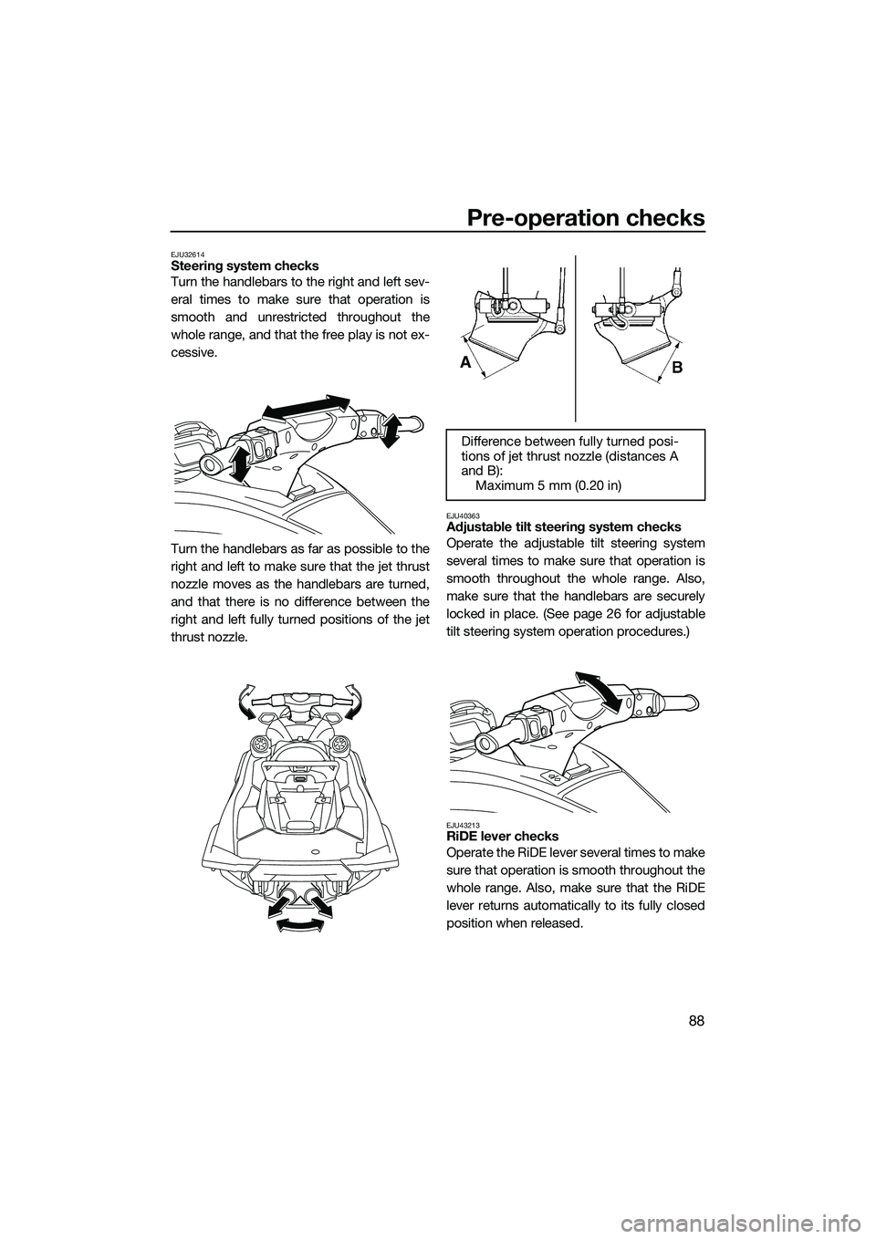 YAMAHA FX HO CRUISER 2022  Owners Manual Pre-operation checks
88
EJU32614Steering system checks
Turn the handlebars to the right and left sev-
eral times to make sure that operation is
smooth and unrestricted throughout the
whole range, and 