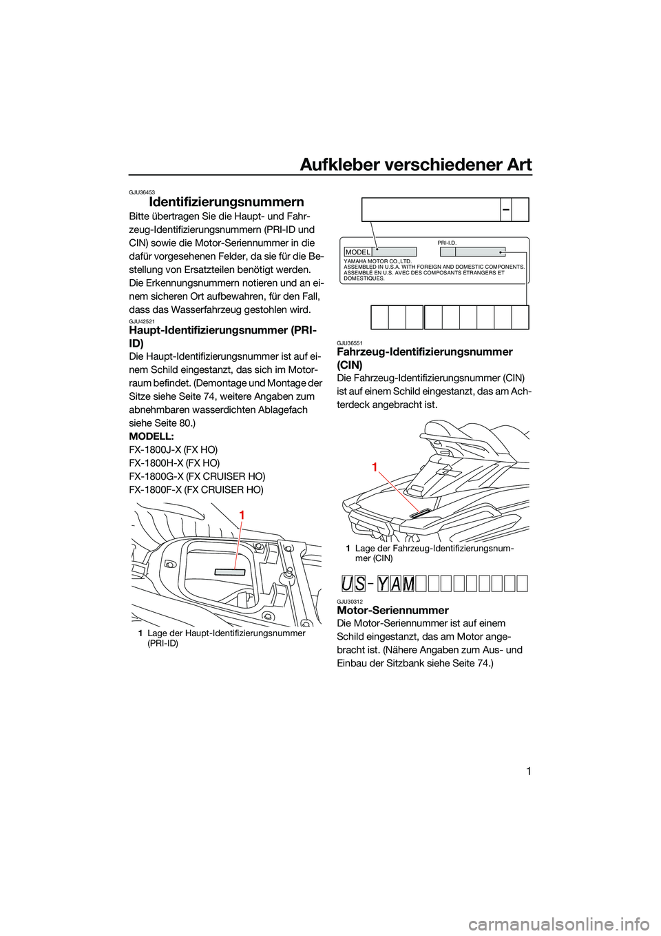 YAMAHA FX HO CRUISER 2022  Betriebsanleitungen (in German) Aufkleber verschiedener Art
1
GJU36453
Identifizierungsnummern
Bitte übertragen Sie die Haupt- und Fahr-
zeug-Identifizierungsnummern (PRI-ID und 
CIN) sowie die Motor-Seriennummer in die 
dafür vor