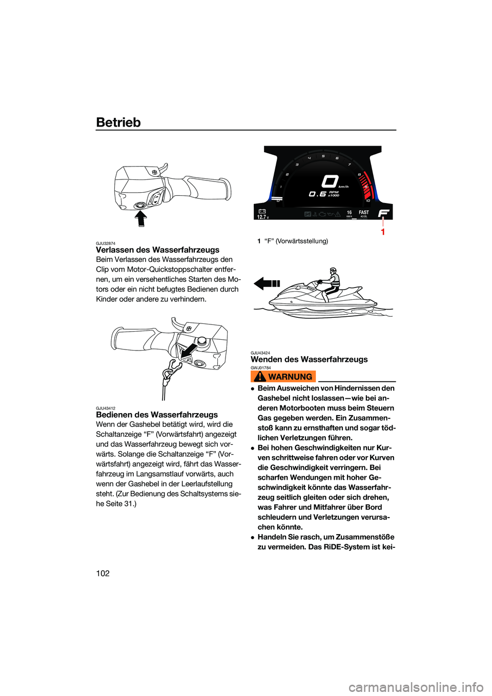 YAMAHA FX HO CRUISER 2022 Betriebsanleitungen (in German) Betrieb
102
GJU32874Verlassen des Wasserfahrzeugs
Beim Verlassen des Wasserfahrzeugs den
Clip vom Motor-Quickstoppschalter entfer-
nen, um ein versehentliches Starten des Mo-
tors oder ein nicht befu YAMAHA FX HO CRUISER 2022 Betriebsanleitungen (in German) Betrieb
102
GJU32874Verlassen des Wasserfahrzeugs
Beim Verlassen des Wasserfahrzeugs den
Clip vom Motor-Quickstoppschalter entfer-
nen, um ein versehentliches Starten des Mo-
tors oder ein nicht befu