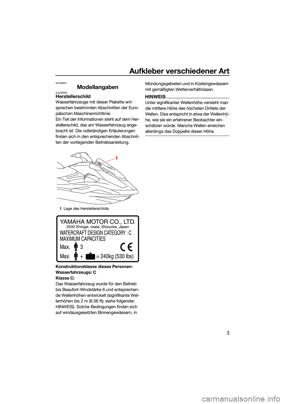 YAMAHA FX HO CRUISER 2022 Betriebsanleitungen (in German) Aufkleber verschiedener Art
3
GJU30321
ModellangabenGJU30333Herstellerschild
Wasserfahrzeuge mit dieser Plakette ent-
sprechen bestimmten Abschnitten der Euro-
päischen Maschinenrichtlinie.
Ein Teil YAMAHA FX HO CRUISER 2022 Betriebsanleitungen (in German) Aufkleber verschiedener Art
3
GJU30321
ModellangabenGJU30333Herstellerschild
Wasserfahrzeuge mit dieser Plakette ent-
sprechen bestimmten Abschnitten der Euro-
päischen Maschinenrichtlinie.
Ein Teil