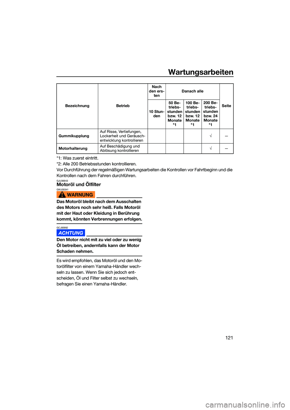 YAMAHA FX HO CRUISER 2022 Betriebsanleitungen (in German) Wartungsarbeiten
121
*1: Was zuerst eintritt.
*2: Alle 200 Betriebsstunden kontrollieren.
Vor Durchführung der regelmäßigen Wartungsarbeiten die Kontrollen vor Fahrtbeginn und die
Kontrollen nach YAMAHA FX HO CRUISER 2022 Betriebsanleitungen (in German) Wartungsarbeiten
121
*1: Was zuerst eintritt.
*2: Alle 200 Betriebsstunden kontrollieren.
Vor Durchführung der regelmäßigen Wartungsarbeiten die Kontrollen vor Fahrtbeginn und die
Kontrollen nach