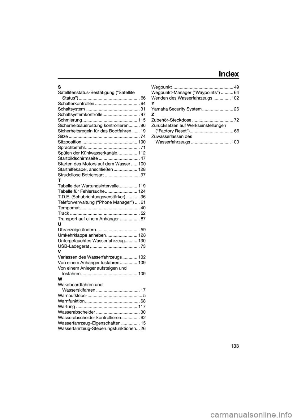 YAMAHA FX HO CRUISER 2022  Betriebsanleitungen (in German) Index
133
S
Satellitenstatus-Bestätigung (“Satellite Status”) ................................................. 66
Schalterkontrollen .................................... 94
Schaltsystem ........