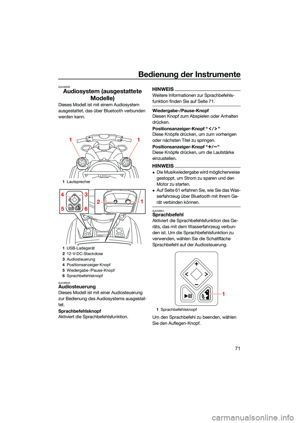 YAMAHA FX HO 2022  Betriebsanleitungen (in German) Bedienung der Instrumente
71
GJU46302
Audiosystem (ausgestattete Modelle)
Dieses Modell ist mit einem Audiosystem 
ausgestattet, das über Bluetooth verbunden 
werden kann.
GJU46940Audiosteuerung
Dies