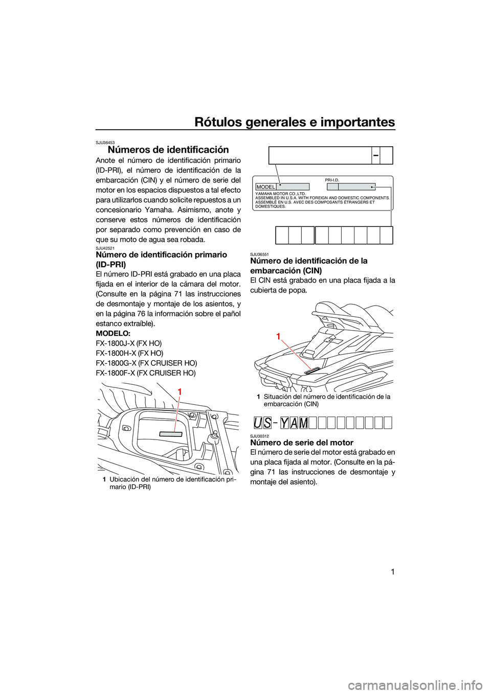 YAMAHA FX HO CRUISER 2022 Manuale de Empleo (in Spanish) Rótulos generales e importantes
1
SJU36453
Números de identificación
Anote el número de identificación primario
(ID-PRI), el número de identificación de la
embarcación (CIN) y el número de se YAMAHA FX HO CRUISER 2022 Manuale de Empleo (in Spanish) Rótulos generales e importantes
1
SJU36453
Números de identificación
Anote el número de identificación primario
(ID-PRI), el número de identificación de la
embarcación (CIN) y el número de se
