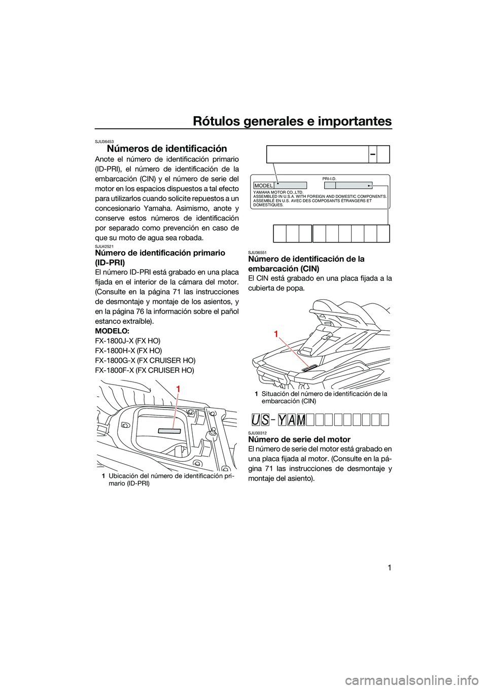 YAMAHA FX HO CRUISER 2022  Manuale de Empleo (in Spanish) Rótulos generales e importantes
1
SJU36453
Números de identificación
Anote el número de identificación primario
(ID-PRI), el número de identificación de la
embarcación (CIN) y el número de se