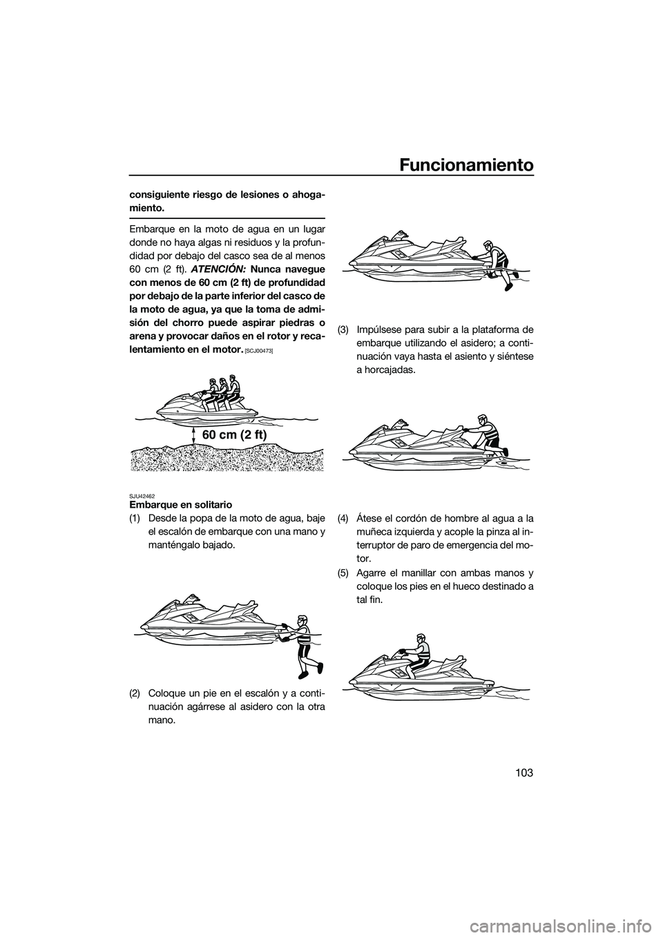 YAMAHA FX HO CRUISER 2022  Manuale de Empleo (in Spanish) Funcionamiento
103
consiguiente riesgo de lesiones o ahoga-
miento.
Embarque en la moto de agua en un lugar
donde no haya algas ni residuos y la profun-
didad por debajo del casco sea de al menos
60 c