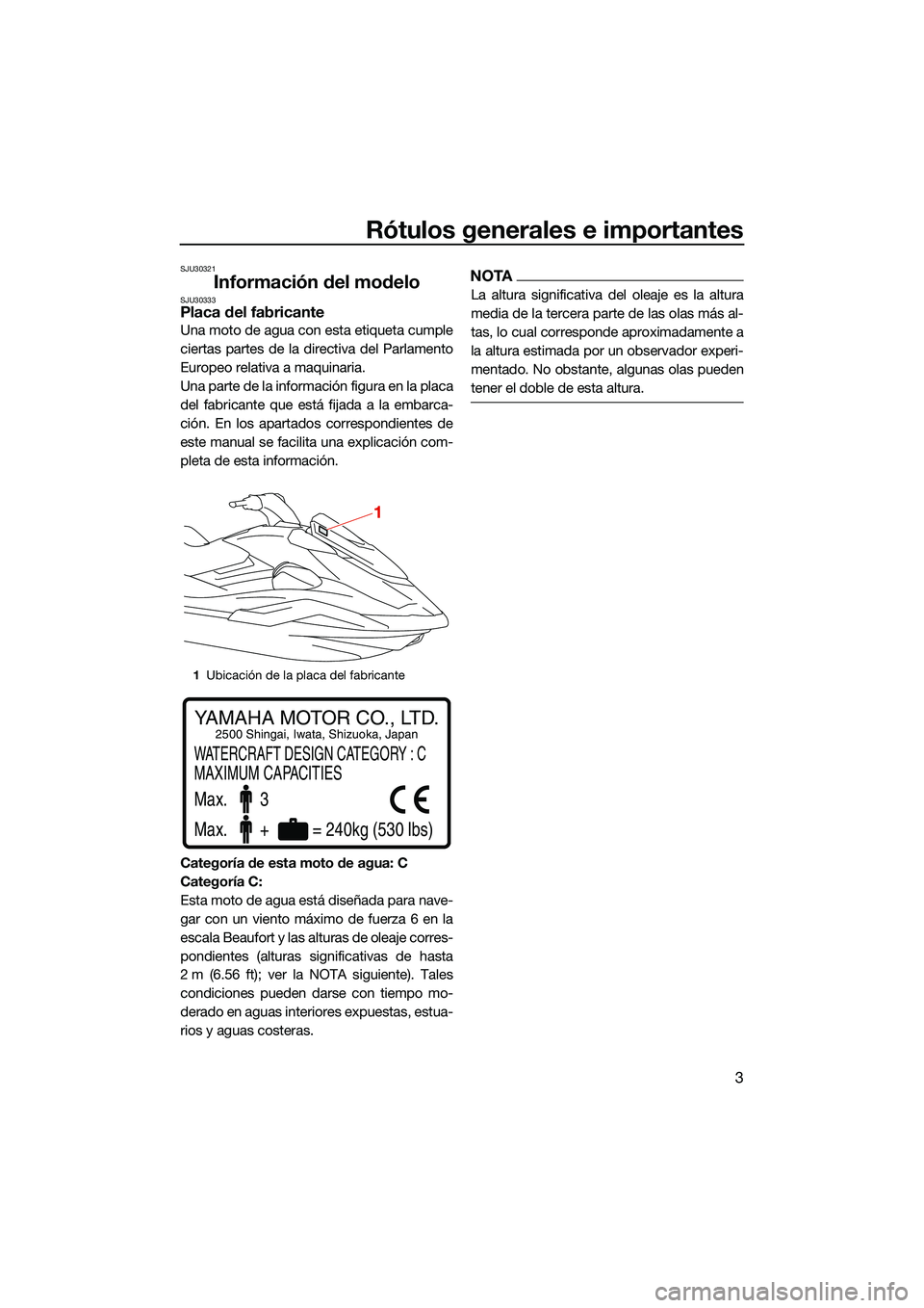 YAMAHA FX HO CRUISER 2022  Manuale de Empleo (in Spanish) Rótulos generales e importantes
3
SJU30321
Información del modeloSJU30333Placa del fabricante
Una moto de agua con esta etiqueta cumple
ciertas partes de la directiva del Parlamento
Europeo relativa